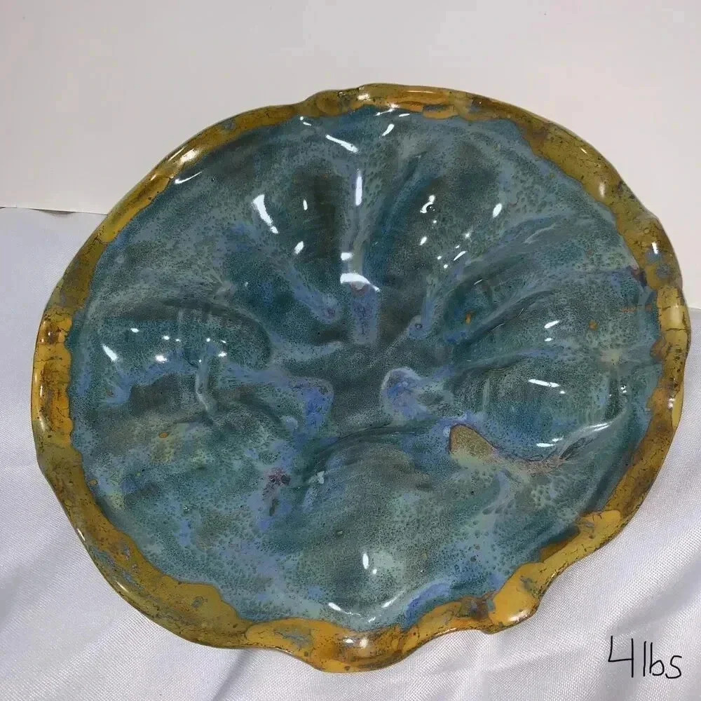 Peacock Bowl  gorgeous greens and blues Glazed Japanese Quince Shaped Plate.